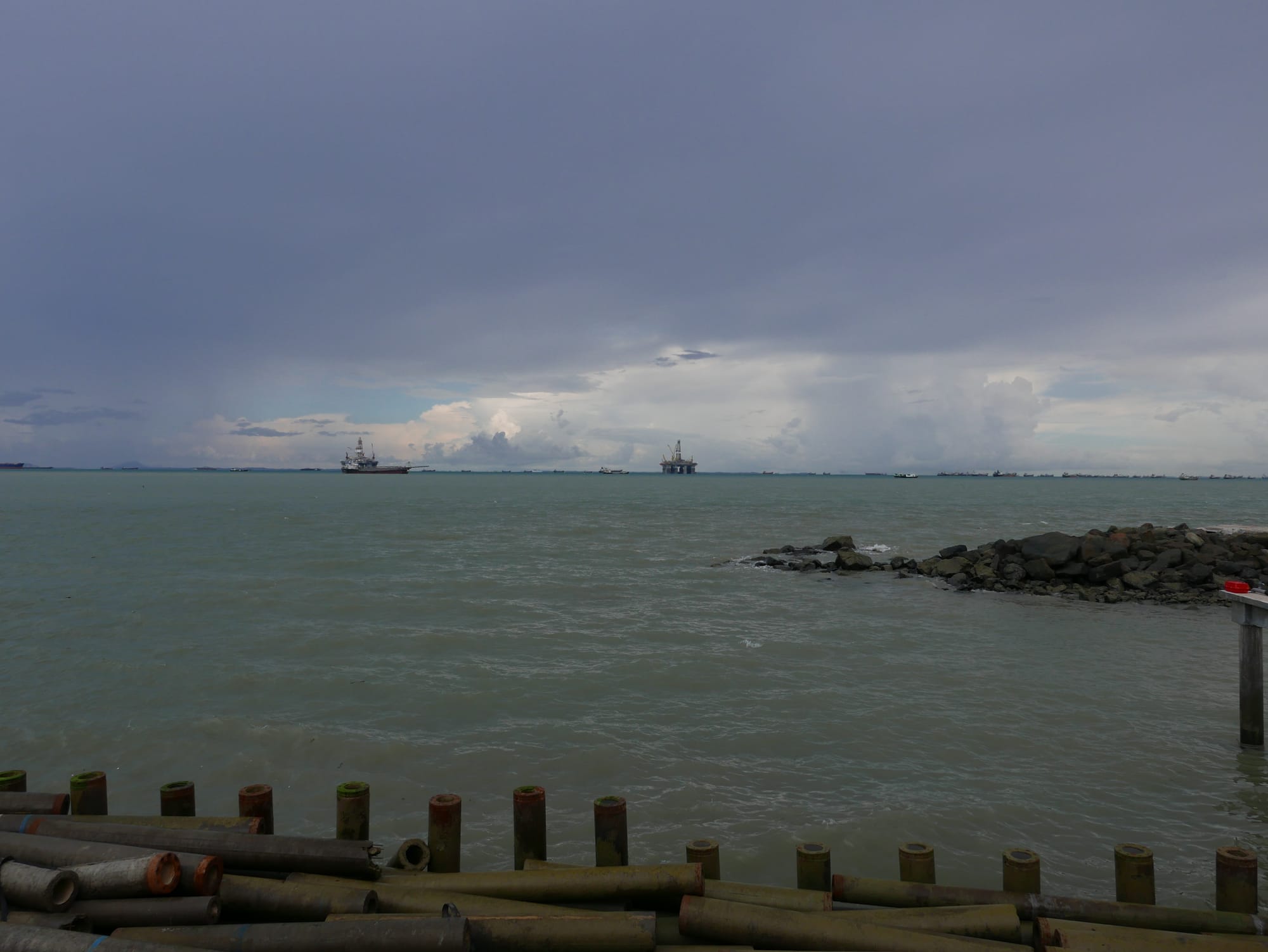 Photo by Author — rigs in the distance — the Jade Garden Seafood Corner
